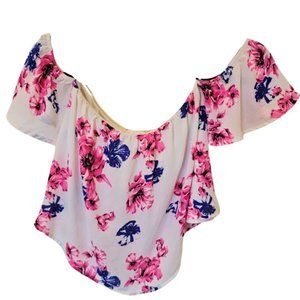 A'GACI Floral Pink & Blue Off Shoulder Crop Top Blouse